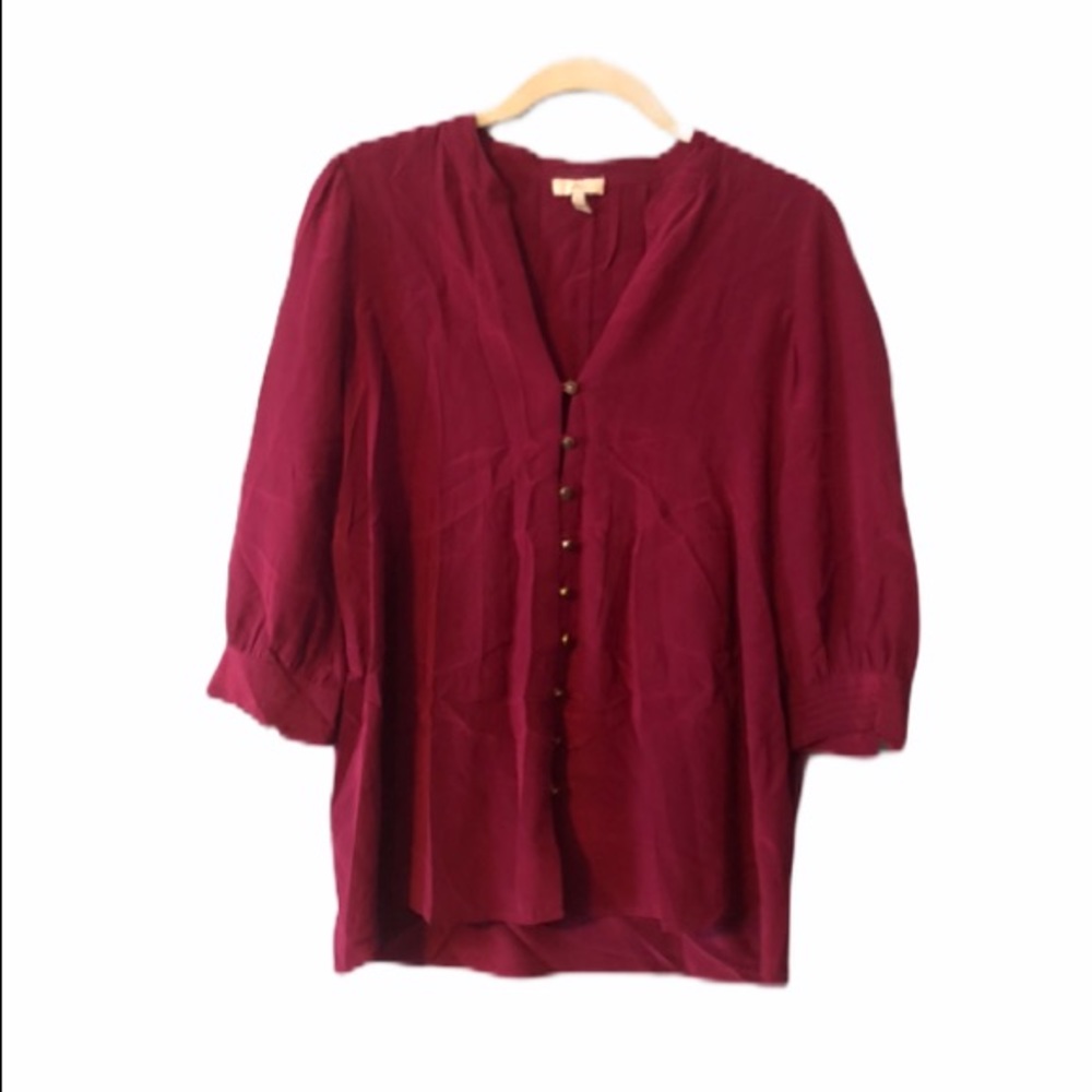 Joie Silk Button Down Pleated V Neck Blouse